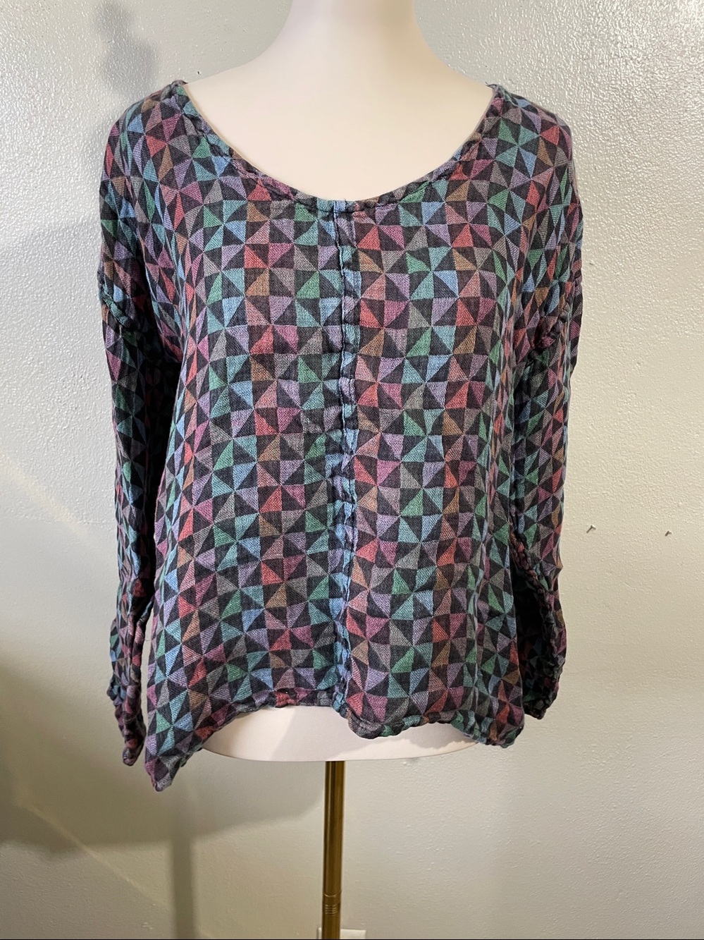 FLAX Scandinavian Linen Lagenlook Top Small Geometric High Low Artwear Modern